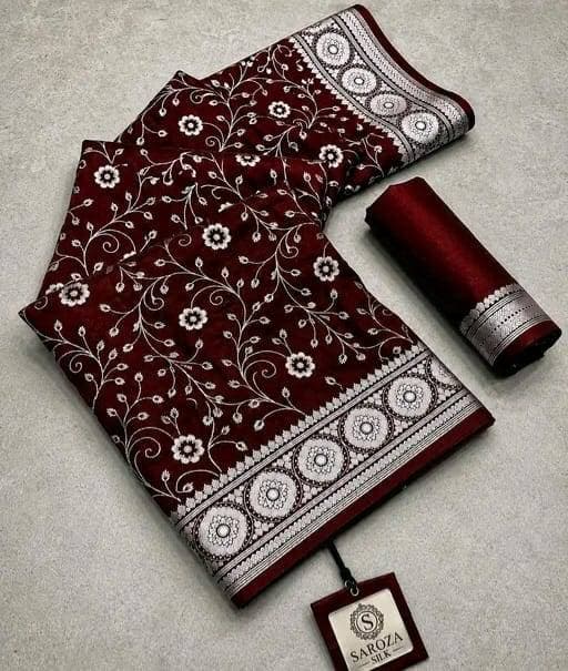 New Launch By Saroza Silk™ Premium Quality Banarsi Satin Silk With Full 360 CM Embroidery Work – Maroon
