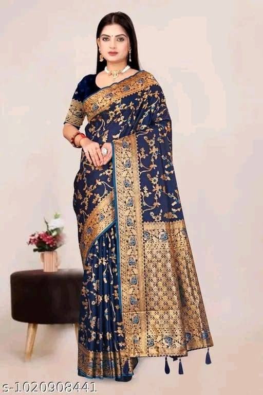 Banarasi satin silk saree with embroidery – Navy Blue