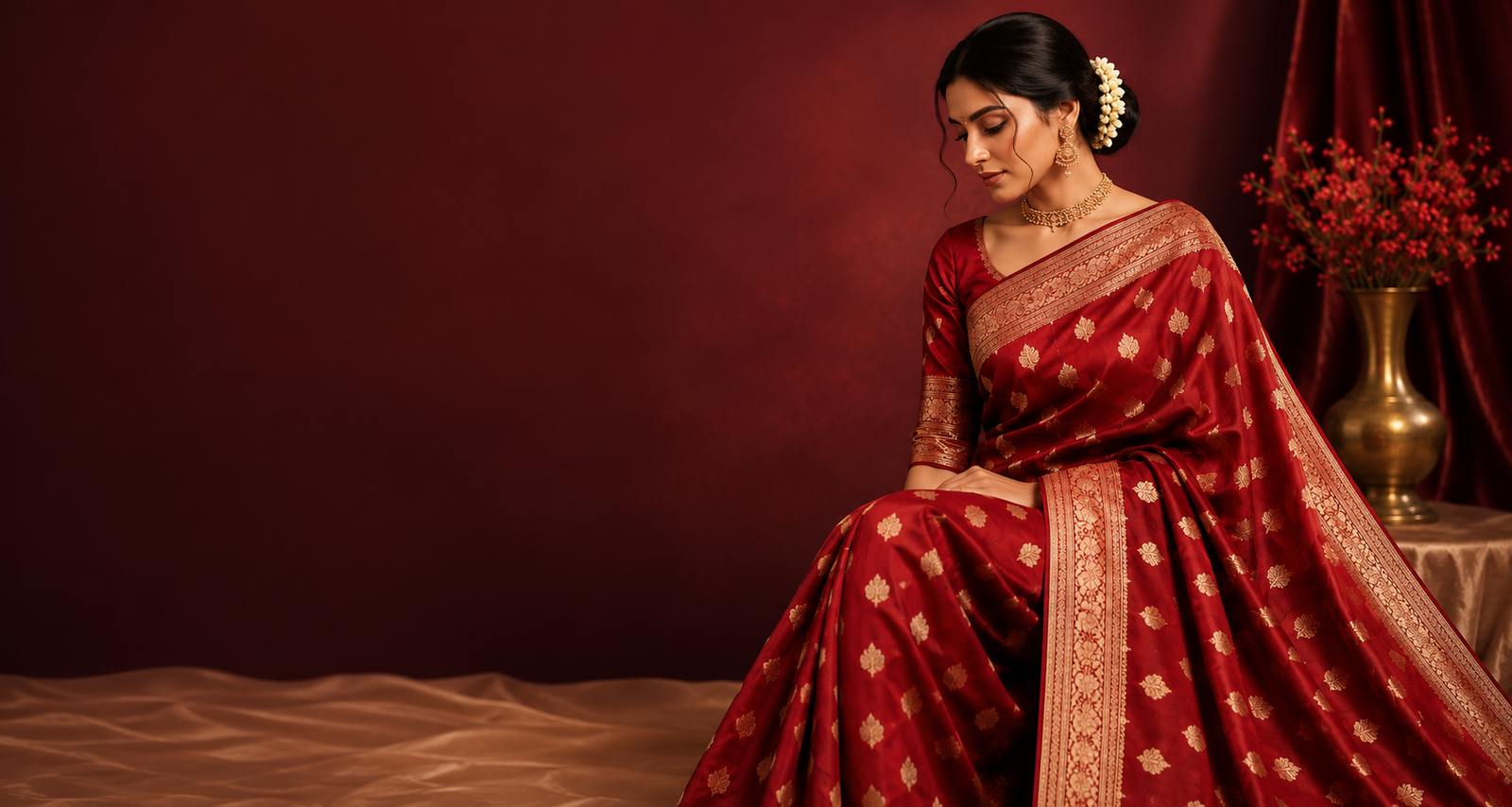 Woman draped in a red and gold silk saree